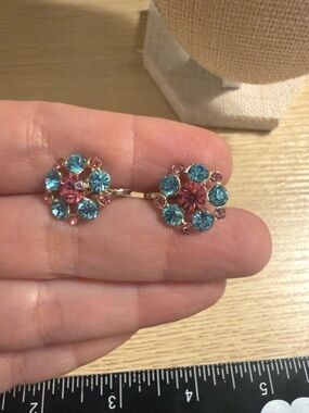 Coro Gold-Tone Floral Cluster Earrings with Pink and Teal Crystals